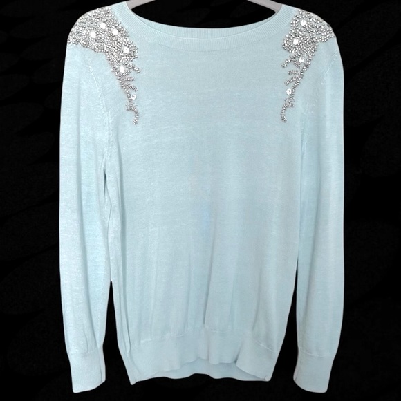 Halogen Jeweled Shoulder Sweater, Light Blue/Silver, Small/Petite - Picture 2 of 12